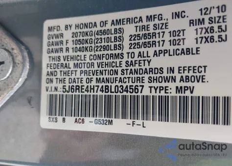 2011 Honda Cr-V Ex-L from USA, damaged, VIN 5J6RE4H74BL034567